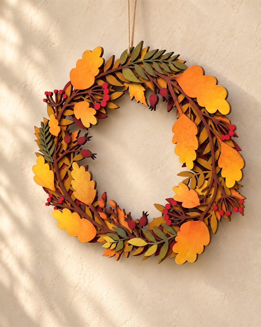 A circular layered wooden wreath in golden ochre, rust and muted green on a warm plaster wall